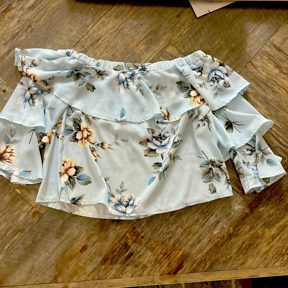 Layered, flowy, off the shoulder, cropped flower print blouse